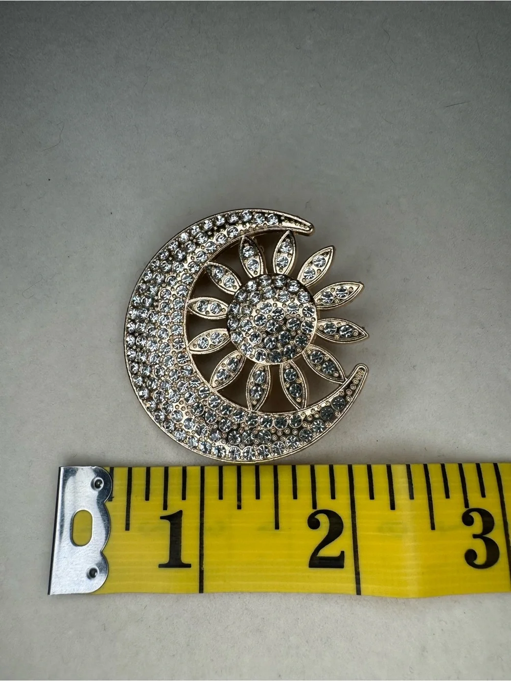 New Crystal Crescent Moon and Sun Brooch - Gold Tone